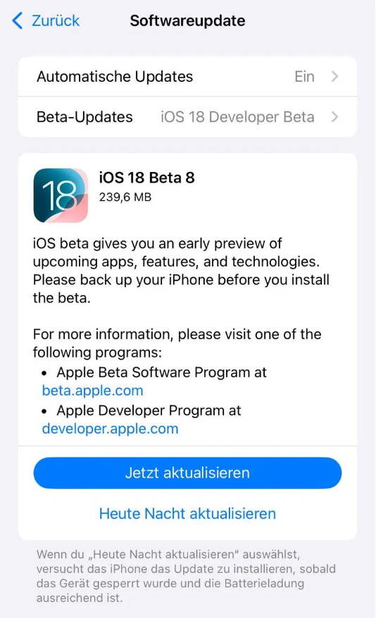 武鸣苹果手机维修分享苹果 iOS / iPadOS 18 开发者预览版 Beta 8 发布 